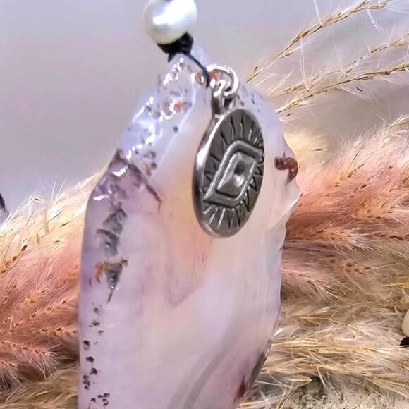 Nature Purple Agate Slice With Evil Eye Charm Pendant Necklace - Picture 6 of 11